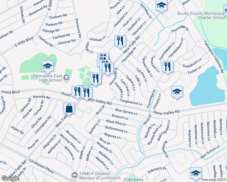 map of restaurants, bars, coffee shops, grocery stores, and more near 444 Thornridge Drive in Levittown