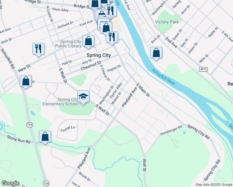 map of restaurants, bars, coffee shops, grocery stores, and more near 201 Walnut Street in Spring City