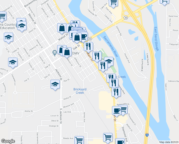 map of restaurants, bars, coffee shops, grocery stores, and more near 215 Washington Street in Red Bluff