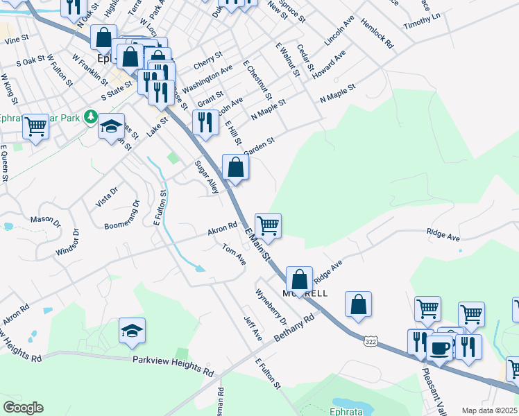 map of restaurants, bars, coffee shops, grocery stores, and more near 551 East Hill Street in Ephrata
