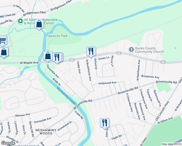 map of restaurants, bars, coffee shops, grocery stores, and more near 325 North Buckthorne Avenue in Langhorne