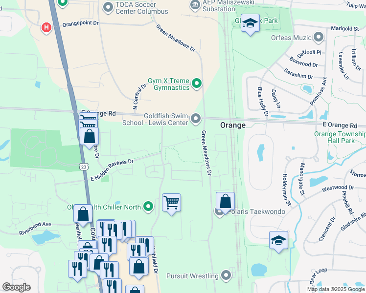 map of restaurants, bars, coffee shops, grocery stores, and more near 757 Hidden Springs Drive in Lewis Center