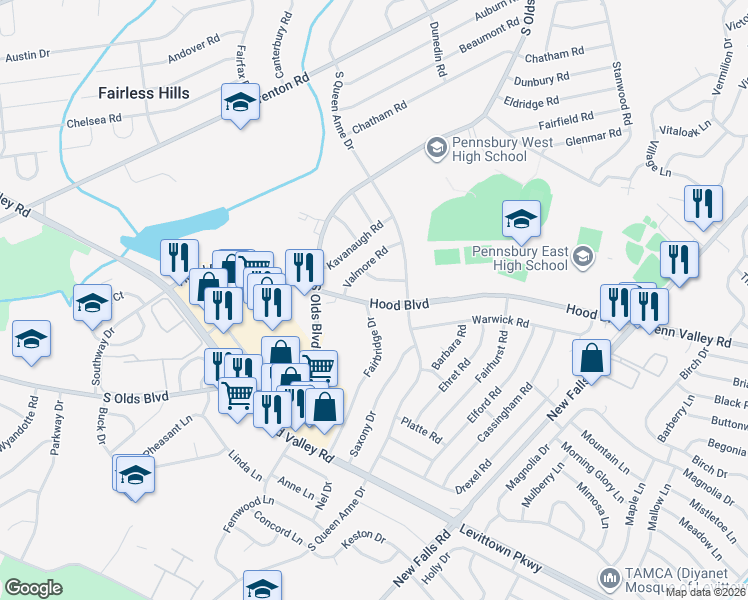 map of restaurants, bars, coffee shops, grocery stores, and more near 513 Hood Boulevard in Fairless Hills