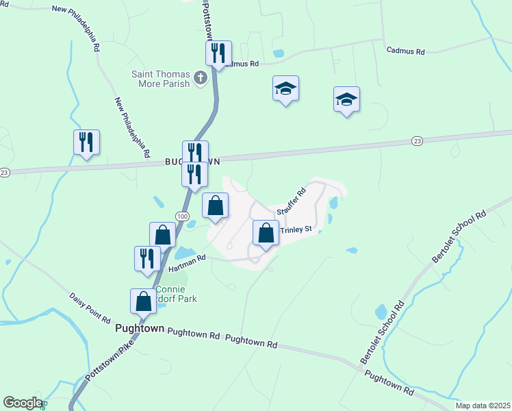 map of restaurants, bars, coffee shops, grocery stores, and more near 202 Stauffer Road in Pottstown