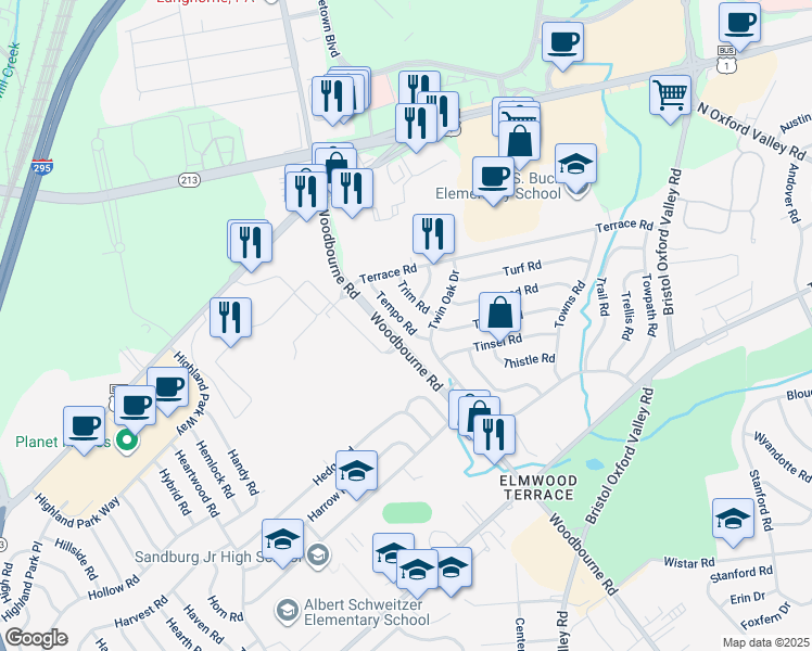 map of restaurants, bars, coffee shops, grocery stores, and more near 33 Tempo Road in Levittown