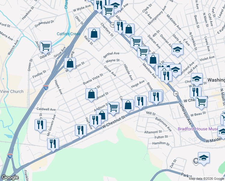 map of restaurants, bars, coffee shops, grocery stores, and more near 635 Broad Street in Washington