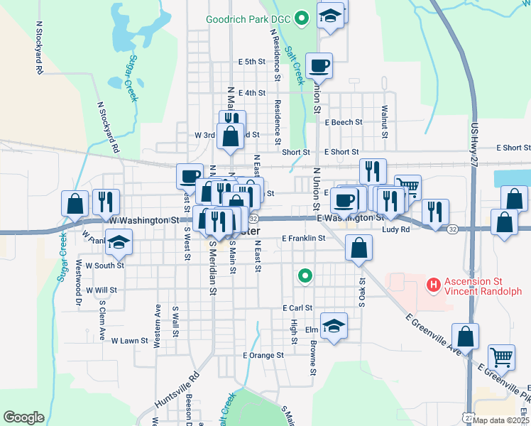 map of restaurants, bars, coffee shops, grocery stores, and more near 102 North East Street in Winchester