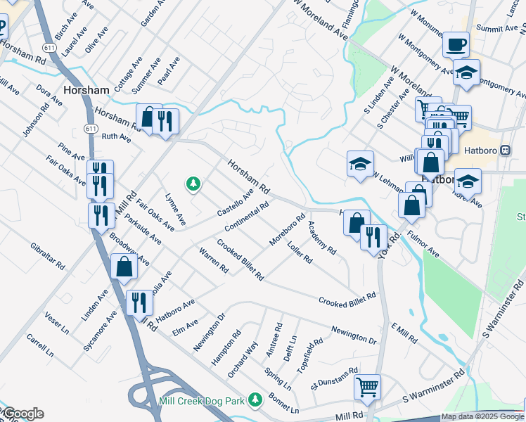 map of restaurants, bars, coffee shops, grocery stores, and more near 419 Continental Road in Hatboro