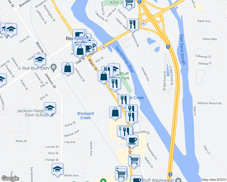 map of restaurants, bars, coffee shops, grocery stores, and more near 156 Rio Street in Red Bluff