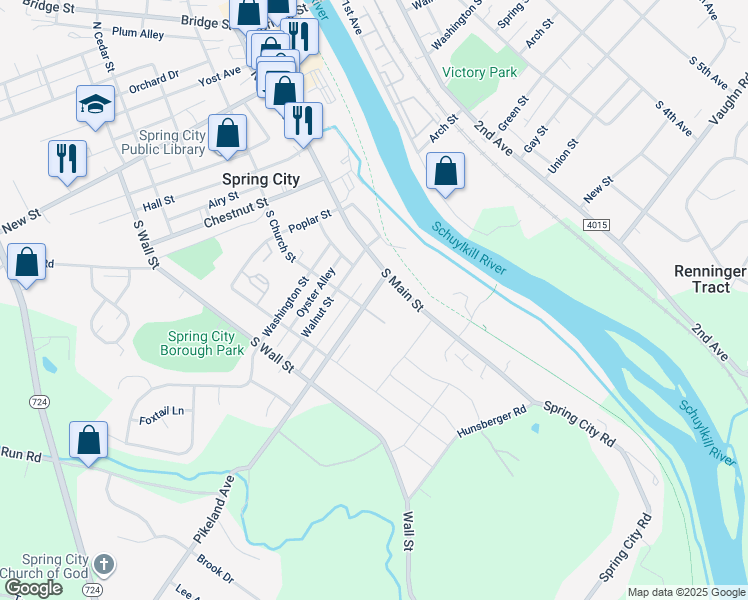 map of restaurants, bars, coffee shops, grocery stores, and more near 128 Pikeland Avenue in Spring City