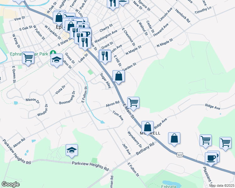 map of restaurants, bars, coffee shops, grocery stores, and more near 521 U.S. 322 in Ephrata