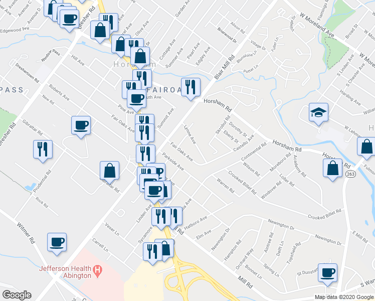 map of restaurants, bars, coffee shops, grocery stores, and more near 2709 Fair Oaks Avenue in Hatboro
