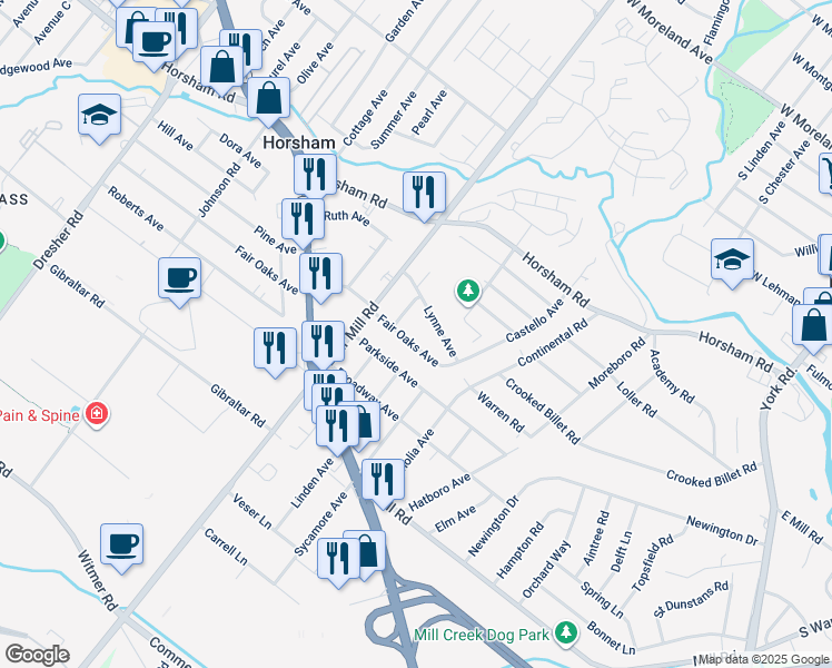 map of restaurants, bars, coffee shops, grocery stores, and more near 2709 Fair Oaks Avenue in Hatboro