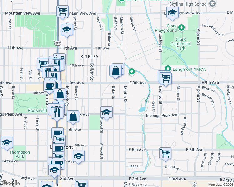 map of restaurants, bars, coffee shops, grocery stores, and more near 818 Baker Street in Longmont