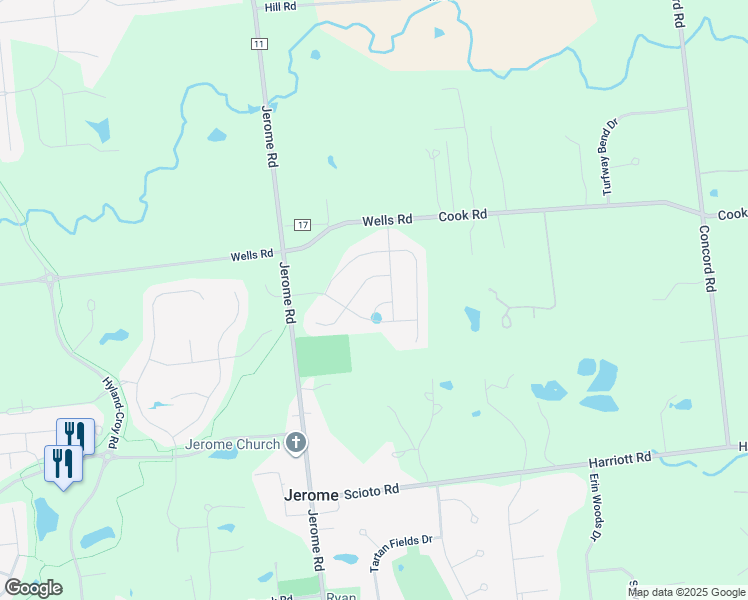 map of restaurants, bars, coffee shops, grocery stores, and more near 7115 Beachwood Way in Plain City