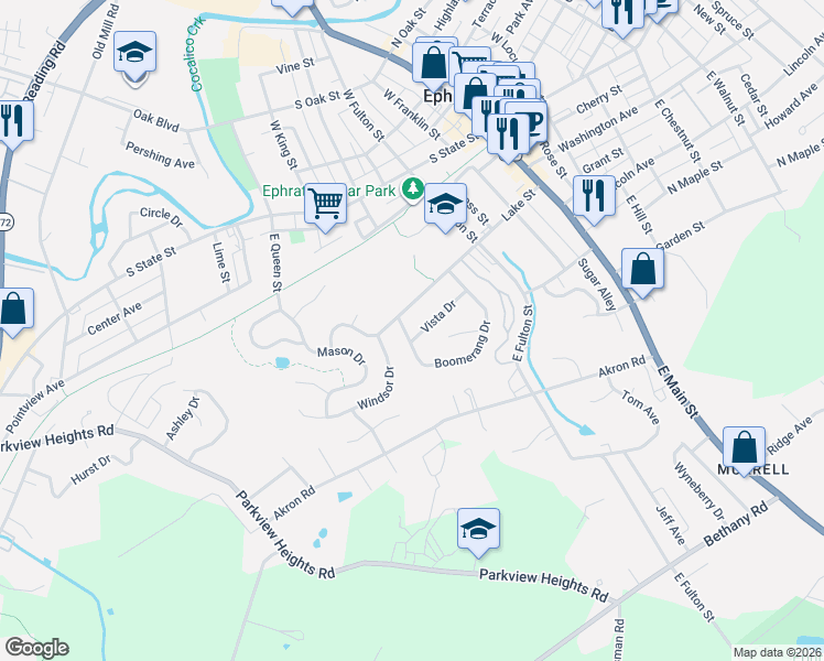 map of restaurants, bars, coffee shops, grocery stores, and more near 371 Vista Dr in Ephrata