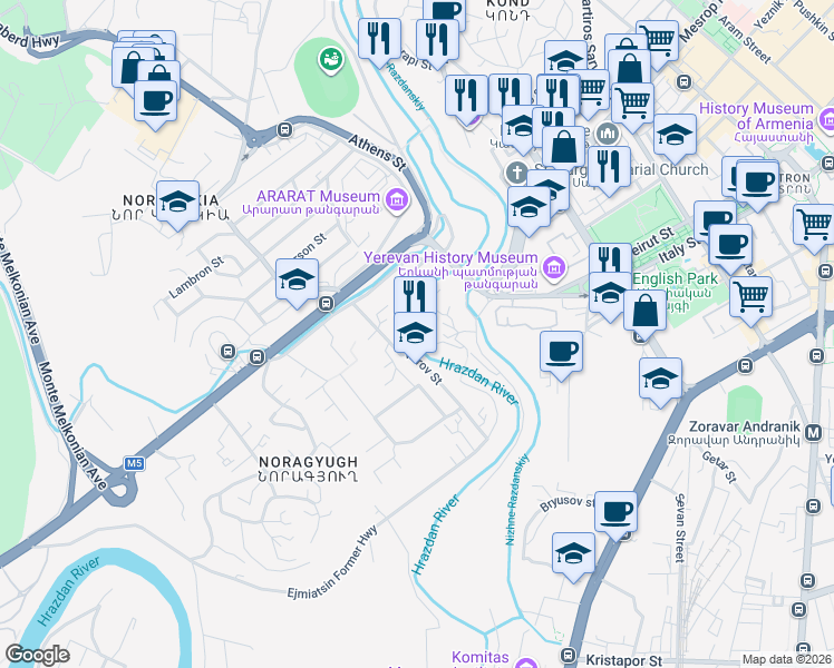 map of restaurants, bars, coffee shops, grocery stores, and more near 48a Admiral Isakov Avenue in Yerevan