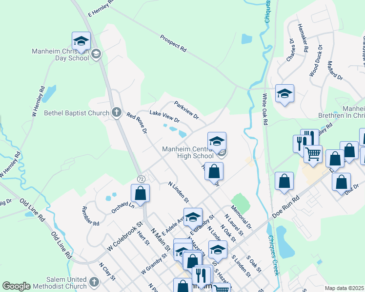 map of restaurants, bars, coffee shops, grocery stores, and more near 240 Hershey Drive in Manheim