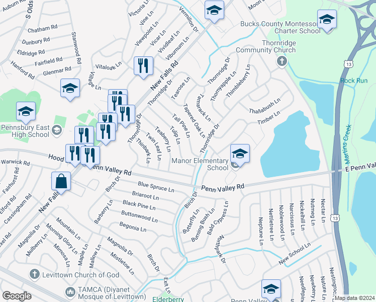 map of restaurants, bars, coffee shops, grocery stores, and more near 11 Tall Pine Lane in Levittown