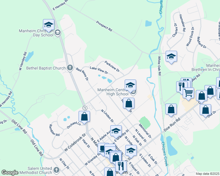 map of restaurants, bars, coffee shops, grocery stores, and more near 240 Hershey Drive in Manheim