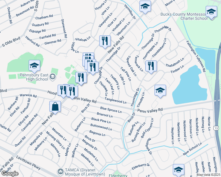 map of restaurants, bars, coffee shops, grocery stores, and more near 23 Twin Leaf Lane in Levittown