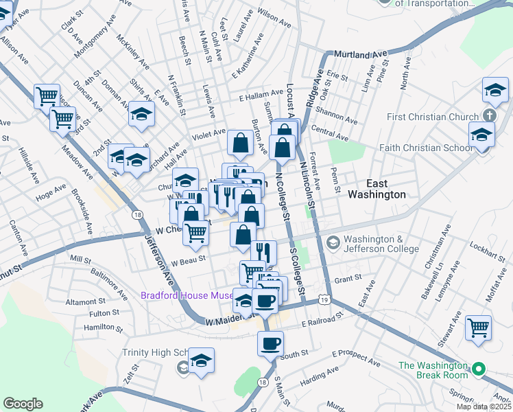 map of restaurants, bars, coffee shops, grocery stores, and more near 138 North Main Street in Washington