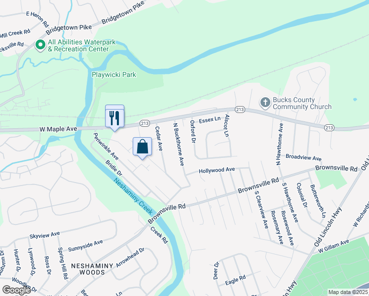 map of restaurants, bars, coffee shops, grocery stores, and more near 325 North Buckthorne Avenue in Langhorne