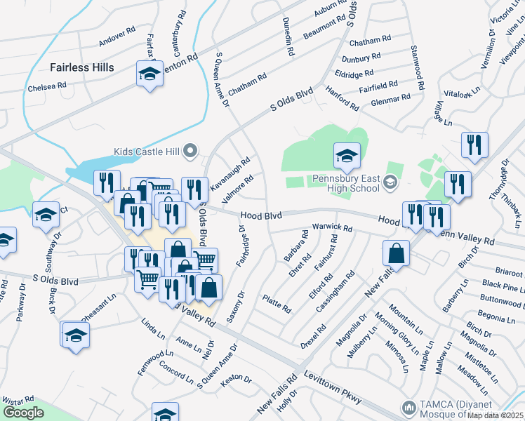 map of restaurants, bars, coffee shops, grocery stores, and more near 521 Hood Boulevard in Fairless Hills