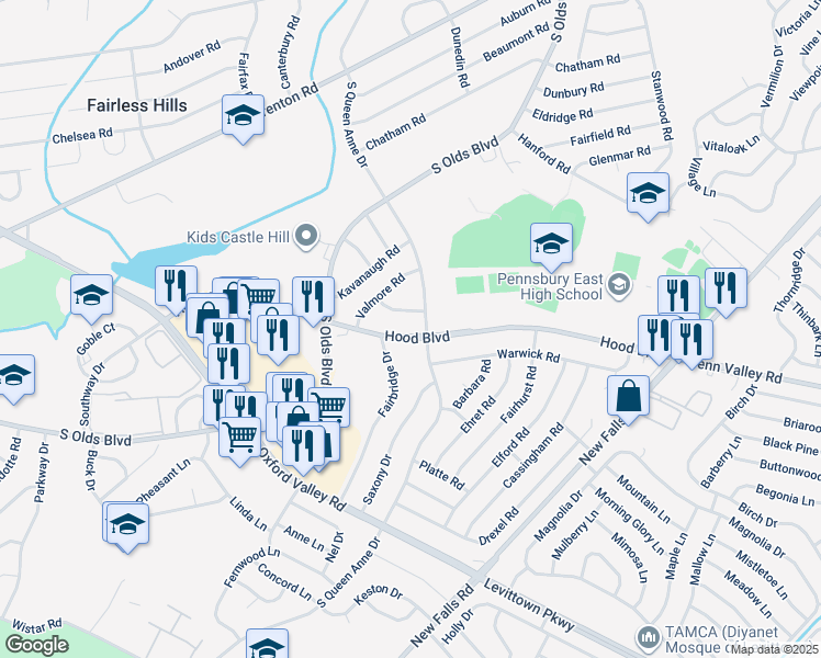 map of restaurants, bars, coffee shops, grocery stores, and more near 521 Hood Boulevard in Fairless Hills