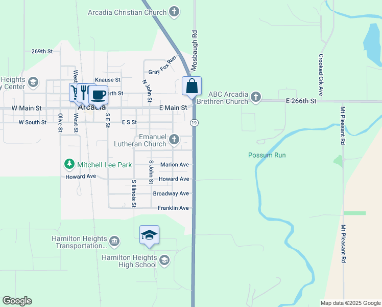 map of restaurants, bars, coffee shops, grocery stores, and more near 26390 Indiana 19 in Arcadia