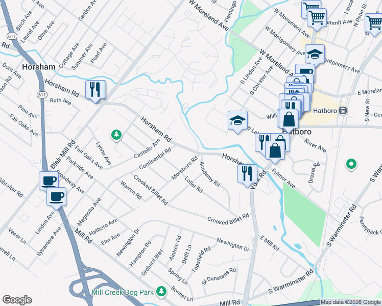 map of restaurants, bars, coffee shops, grocery stores, and more near 309 Horsham Road in Hatboro