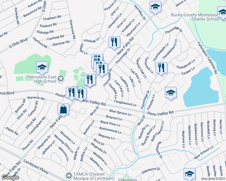 map of restaurants, bars, coffee shops, grocery stores, and more near 23 Thinbark Lane in Levittown
