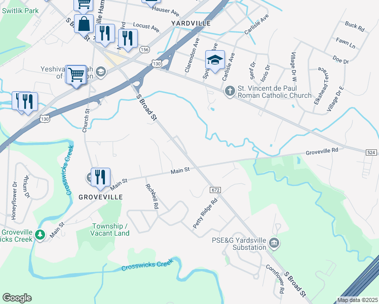 map of restaurants, bars, coffee shops, grocery stores, and more near 4950 South Broad Street in Trenton