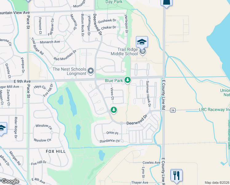 map of restaurants, bars, coffee shops, grocery stores, and more near 824 Tanager Circle in Longmont