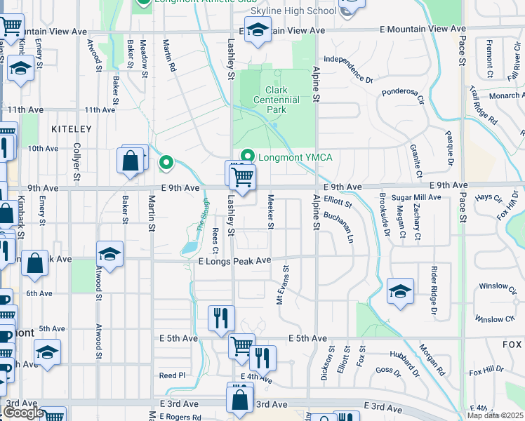 map of restaurants, bars, coffee shops, grocery stores, and more near 820 Lashley Street in Longmont