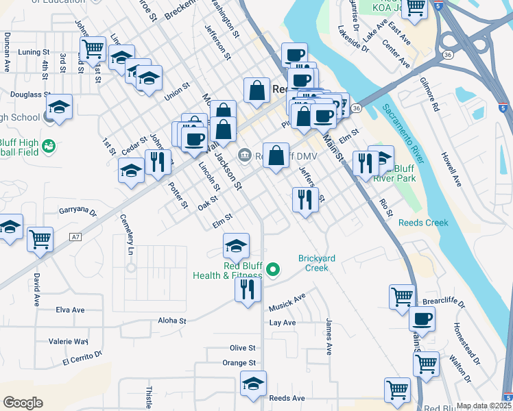 map of restaurants, bars, coffee shops, grocery stores, and more near 432 Jackson Street in Red Bluff