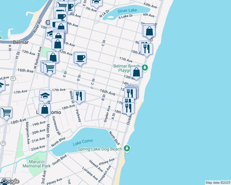 map of restaurants, bars, coffee shops, grocery stores, and more near 1503 A Street in Belmar