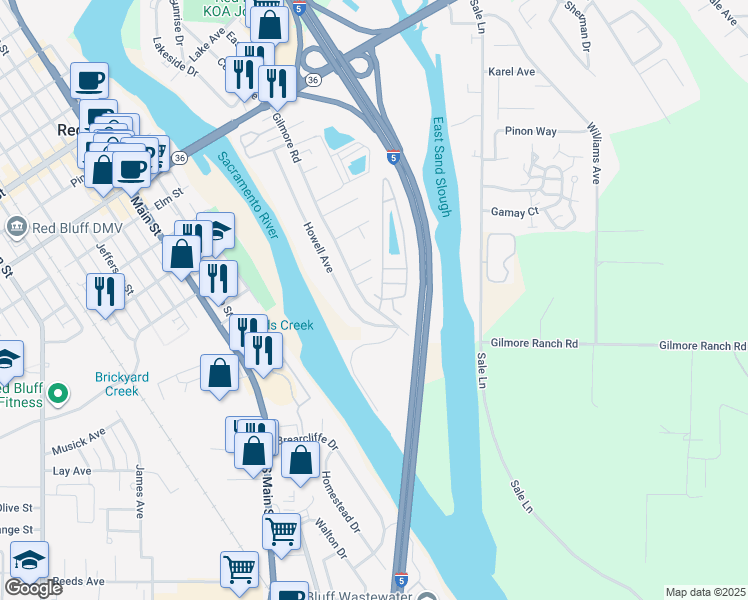 map of restaurants, bars, coffee shops, grocery stores, and more near 62000 River Oaks Sub Street in Red Bluff