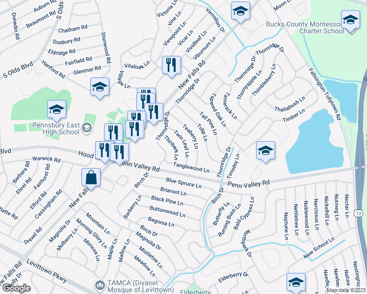 map of restaurants, bars, coffee shops, grocery stores, and more near 23 Twin Leaf Lane in Levittown