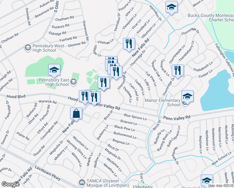 map of restaurants, bars, coffee shops, grocery stores, and more near 428 Thornridge Drive in Levittown