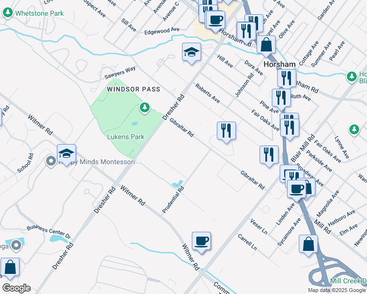 map of restaurants, bars, coffee shops, grocery stores, and more near 231 Gibraltar Road in Horsham