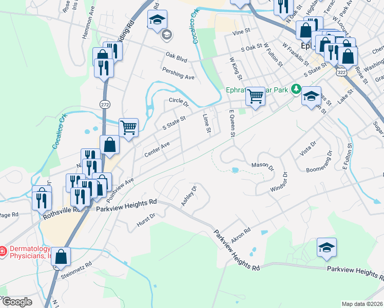 map of restaurants, bars, coffee shops, grocery stores, and more near 664 Pointview Avenue in Ephrata
