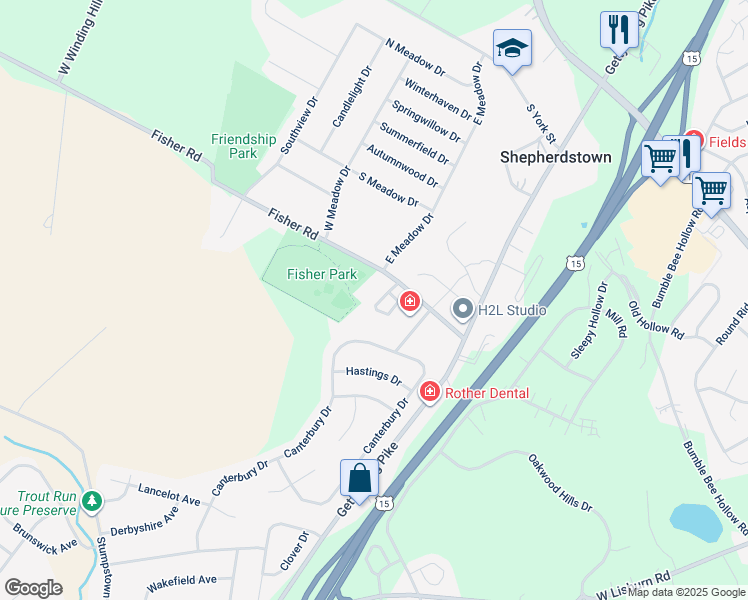 map of restaurants, bars, coffee shops, grocery stores, and more near 526 Meadowcroft Circle in Mechanicsburg