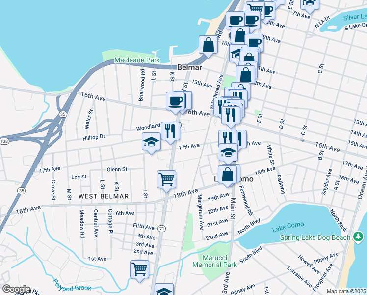 map of restaurants, bars, coffee shops, grocery stores, and more near 1 Lincoln Court in Wall Township
