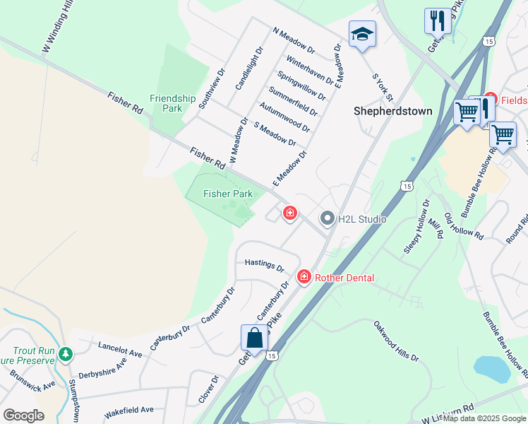 map of restaurants, bars, coffee shops, grocery stores, and more near 526 Meadowcroft Circle in Mechanicsburg