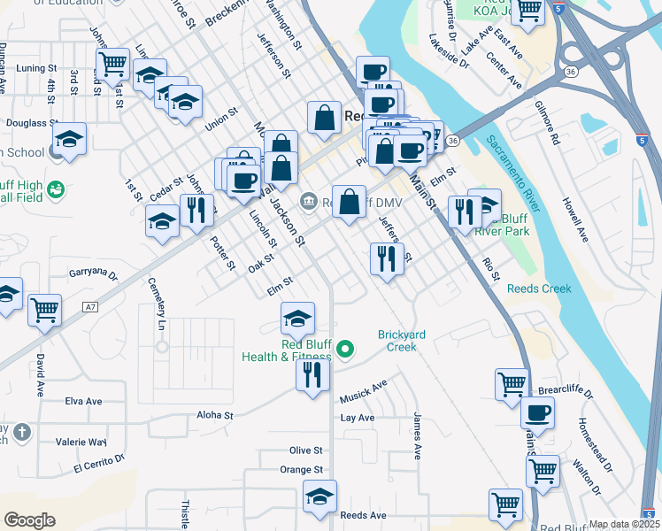 map of restaurants, bars, coffee shops, grocery stores, and more near 432 Jackson St in Red Bluff