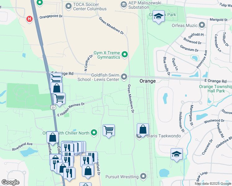 map of restaurants, bars, coffee shops, grocery stores, and more near 758 Hidden Springs Drive in Lewis Center