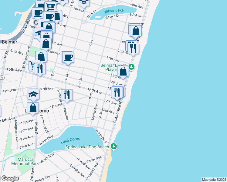 map of restaurants, bars, coffee shops, grocery stores, and more near 98 15th Avenue in Belmar