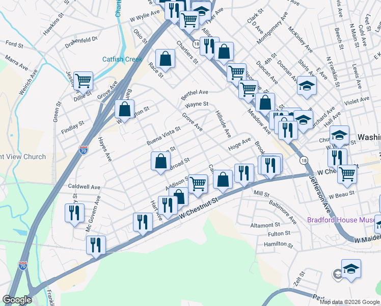 map of restaurants, bars, coffee shops, grocery stores, and more near 635 Broad Street in Washington