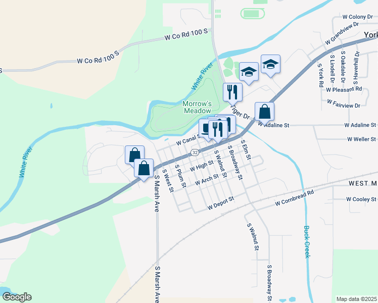 map of restaurants, bars, coffee shops, grocery stores, and more near 9312 West Smith Street in Yorktown